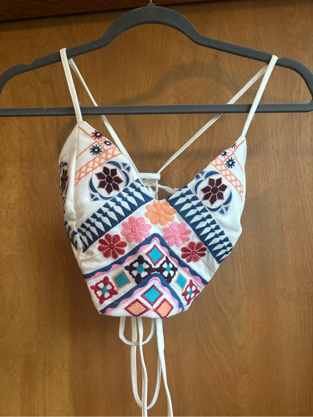 Embroidered White Strappy Crop Top with Multi-Color Floral Pattern
